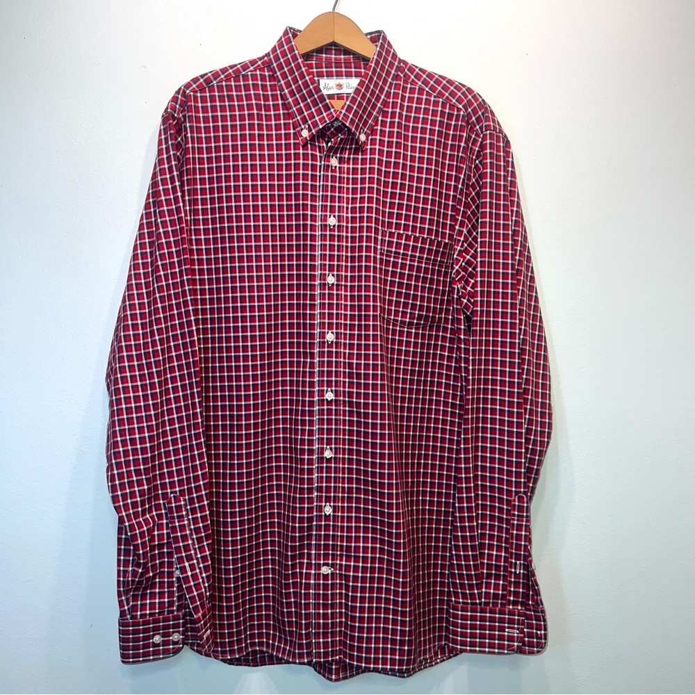 Alan Paine Mens Cotton Modal Button Front Shirt Red Blue Plaid Sz Large
